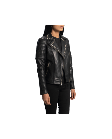 Studded Black Leather Biker Jacket | Real Sheepskin Leather, Quilted Lining, Zipper Cuffs, Notch Collar