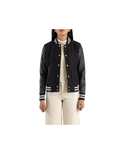 Savant Black Hybrid Varsity Jacket | Sheepskin Leather Sleeves, Synthetic Wool Torso, Quilted Lining, Snap Button Closure, Multiple Colors